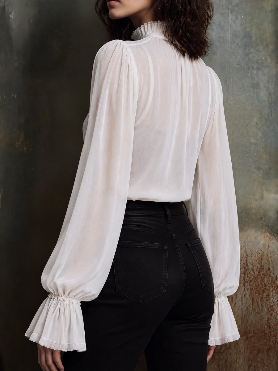 Blusa de Chifón Transparente para Mujer con Moño al Cuello y Mangas Obispo con Olanes