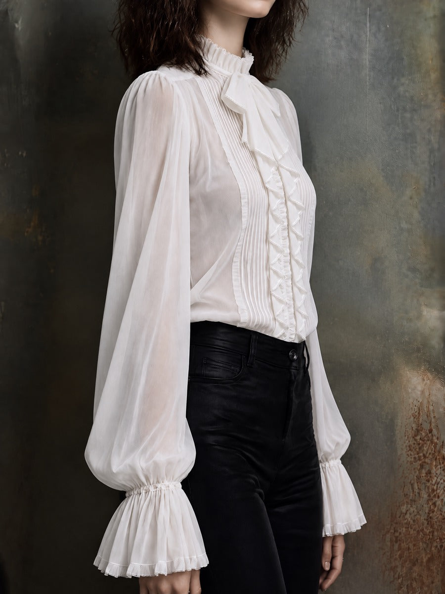 Blusa de Chifón Transparente para Mujer con Moño al Cuello y Mangas Obispo con Olanes