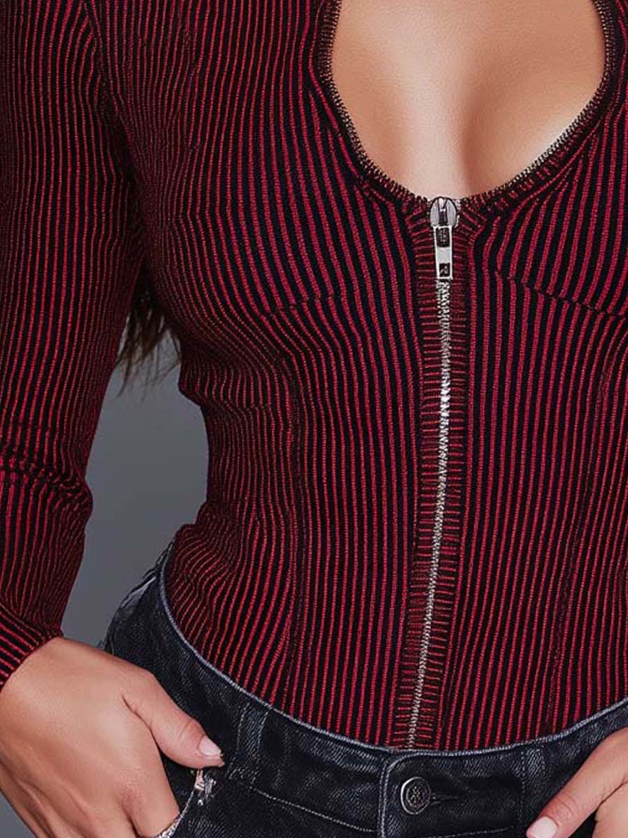 Blusa Estilo Vintage de Punto Acanalado a Rayas Color Vino