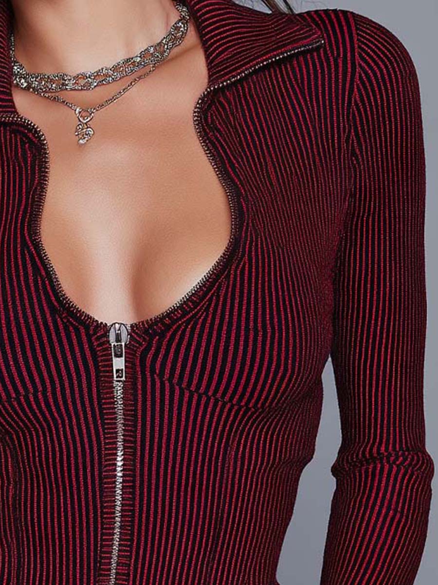 Blusa Estilo Vintage de Punto Acanalado a Rayas Color Vino