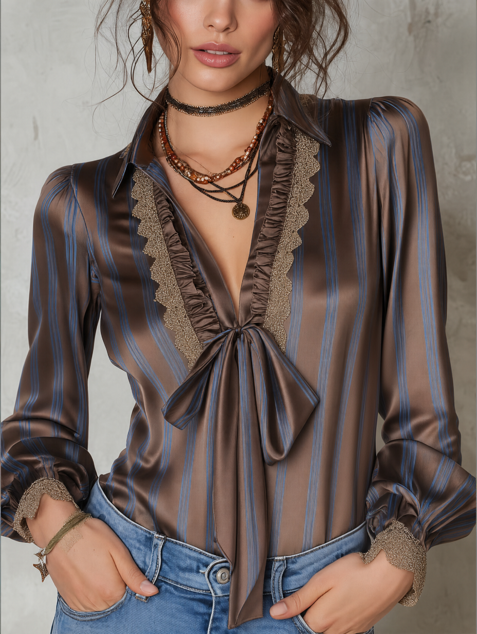 Blusa de Rayas para Mujer con Lazo al Cuello, Olanes y Ribete de Encaje