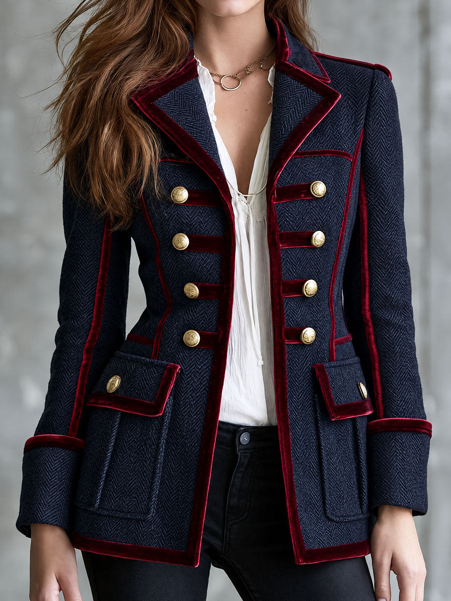Blazer Estilo Militar para Mujer de Lana con Patrón de Espiga y Ribete de Terciopelo