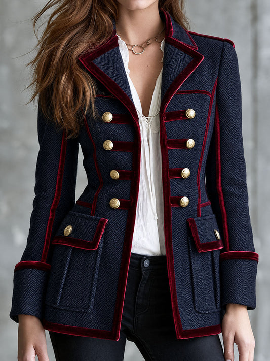 Blazer Estilo Militar para Mujer de Lana con Patrón de Espiga y Ribete de Terciopelo