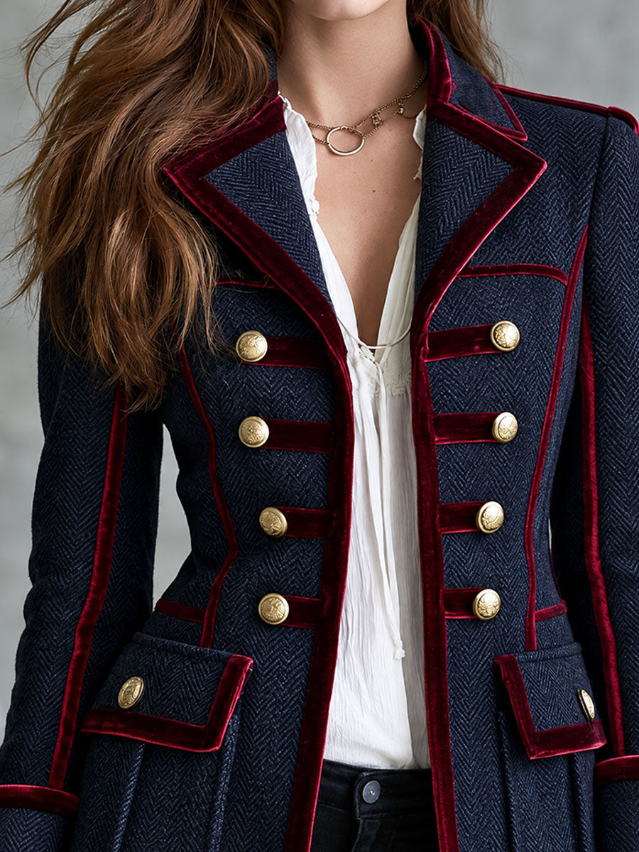 Blazer Estilo Militar para Mujer de Lana con Patrón de Espiga y Ribete de Terciopelo
