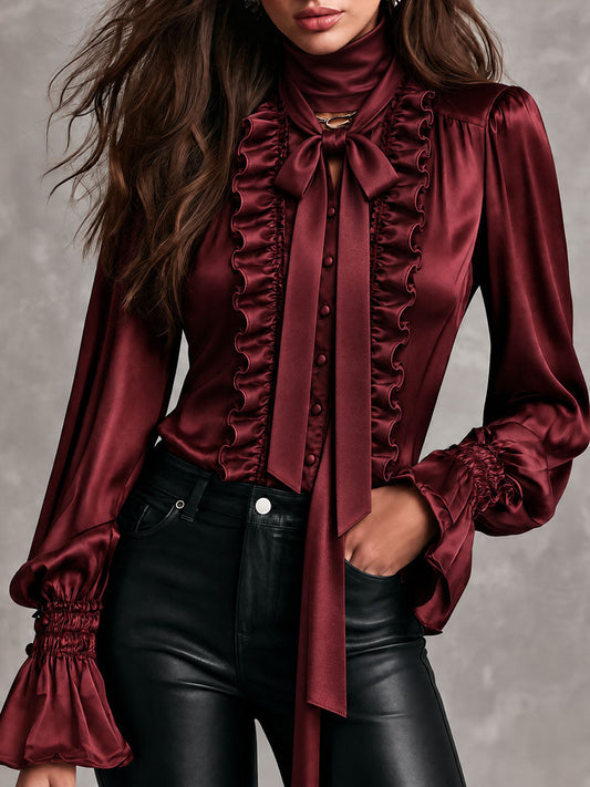 Blusa de Satín para Mujer con Moño al Cuello, Ribete de Olanes y Mangas Obispo