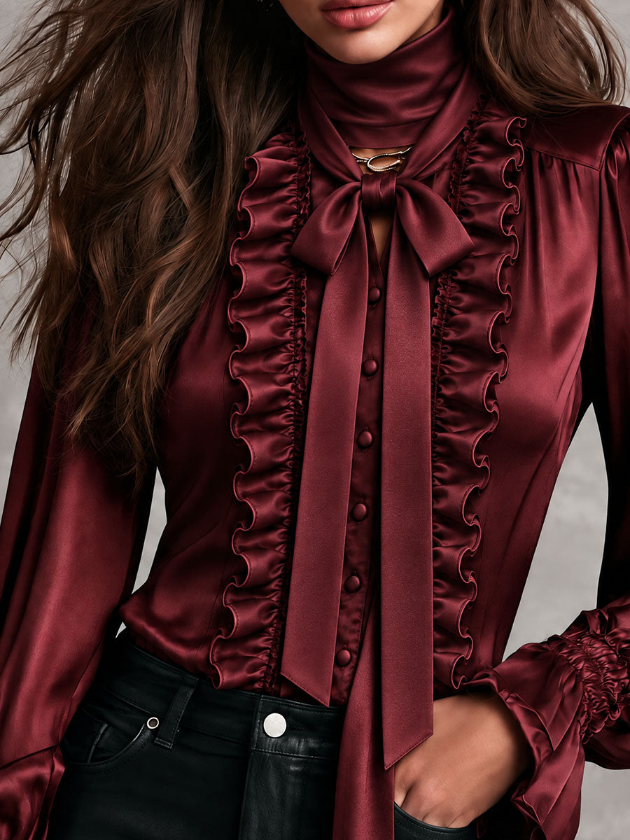 Blusa de Satín para Mujer con Moño al Cuello, Ribete de Olanes y Mangas Obispo
