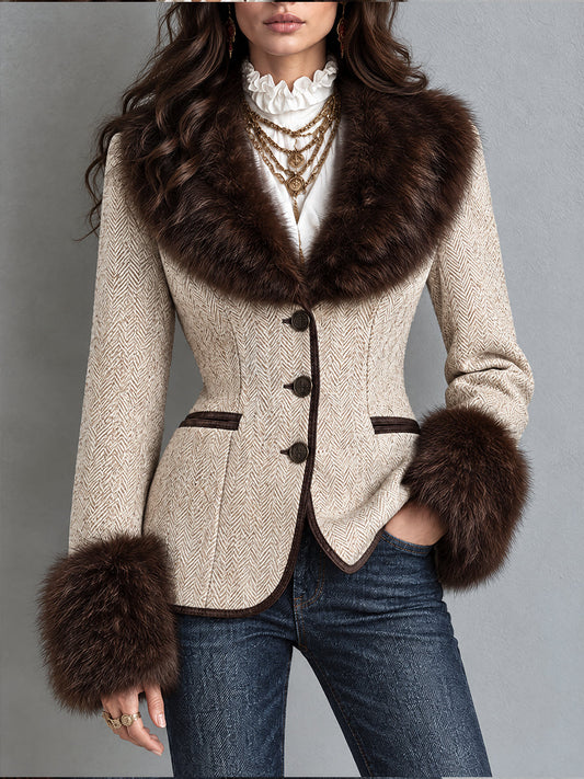 Blazer Vintage Nomad con Patrón de Espiga y Ribete de Peluche Sintético