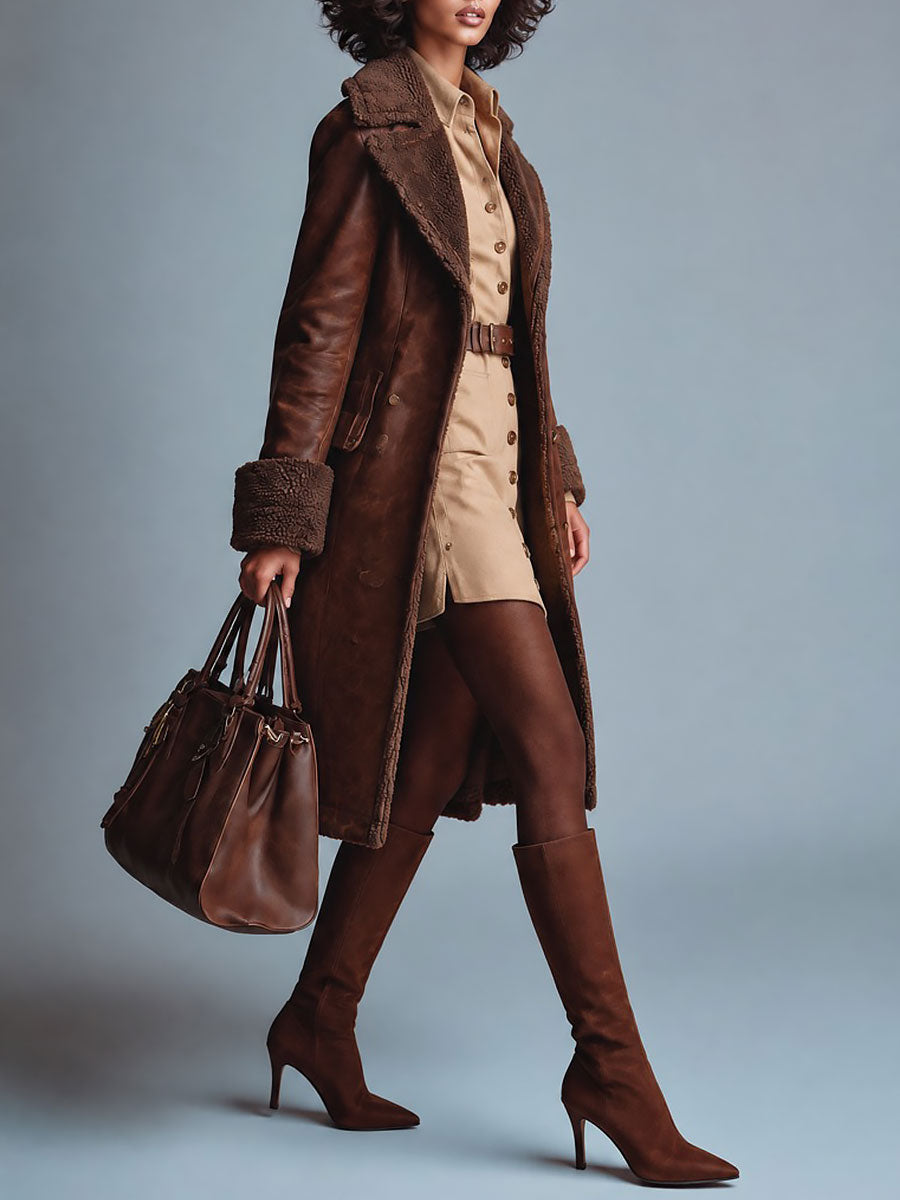 Gabardina de Piel para Mujer con Ribete de Borrego Sintético