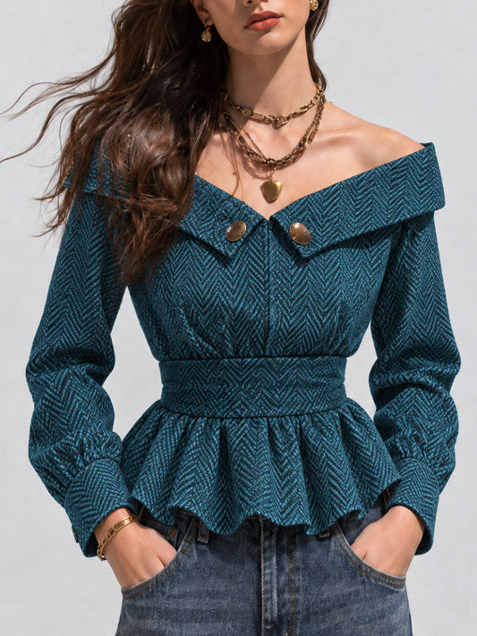 Blusa Peplum Bohemia de Jacquard Color Verde Azulado con Hombros Descubiertos