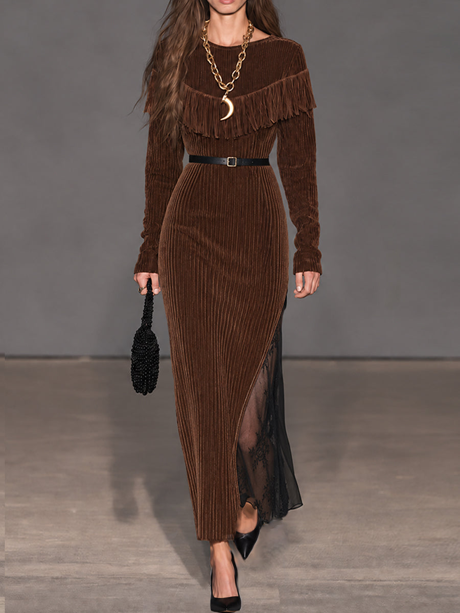 Vestido Maxi Cocoa Nomad de Pana con Flecos y Paneles de Encaje