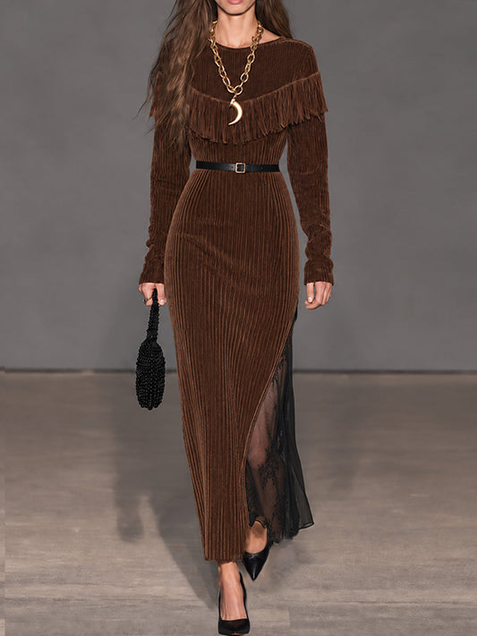 Vestido Maxi Cocoa Nomad de Pana con Flecos y Paneles de Encaje