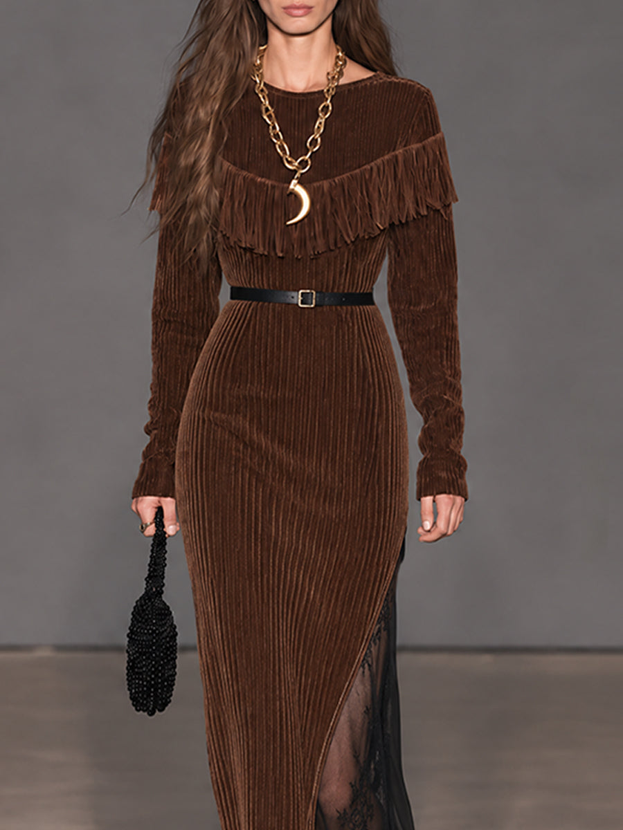 Vestido Maxi Cocoa Nomad de Pana con Flecos y Paneles de Encaje