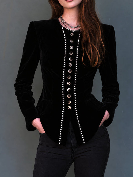 Blazer de Terciopelo Midnight Nomad con Ribete de Perlas