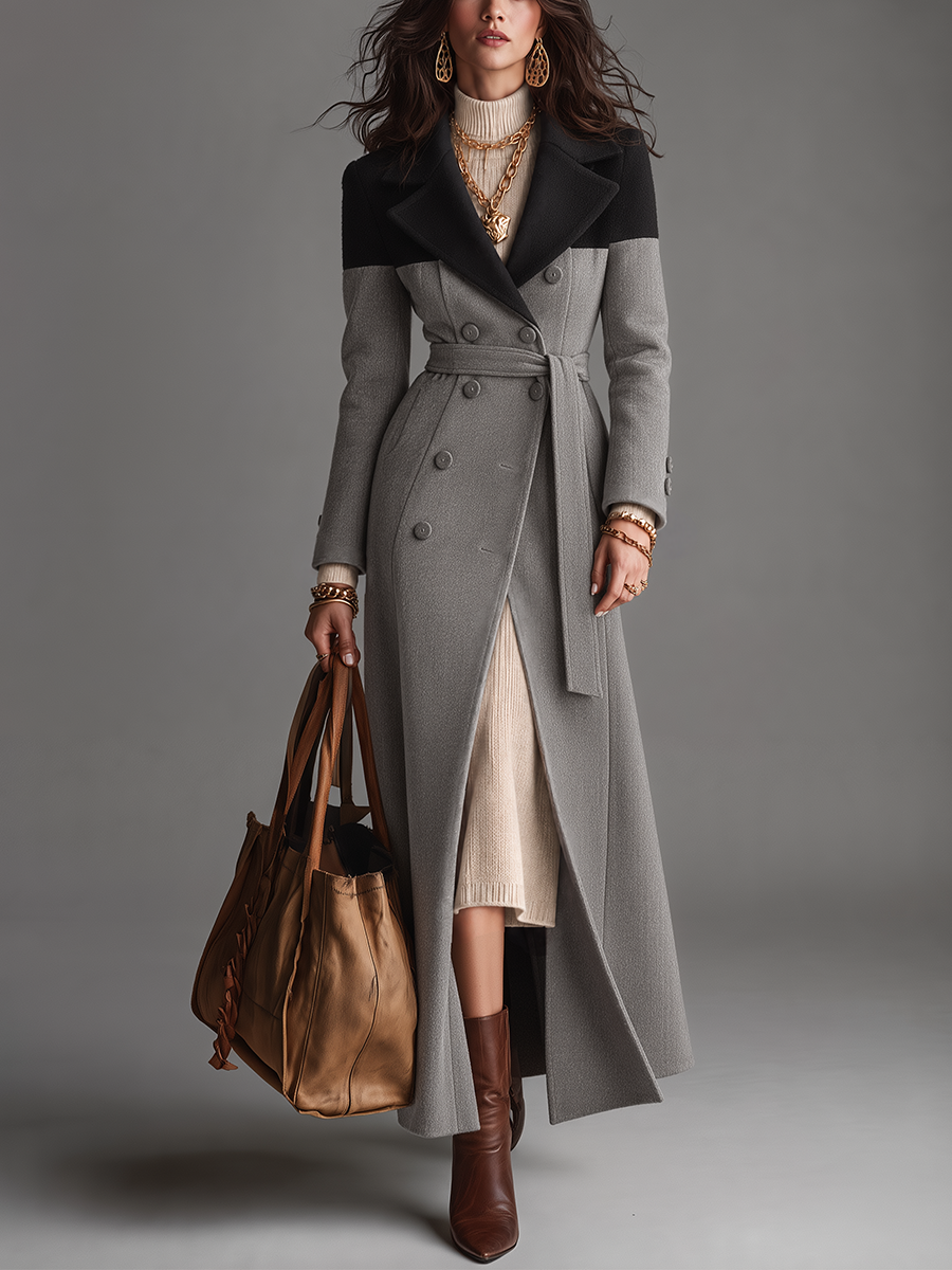 Abrigo Maxi Elegante Gris por Bloques de Color con Cinturón y Doble Botonadura