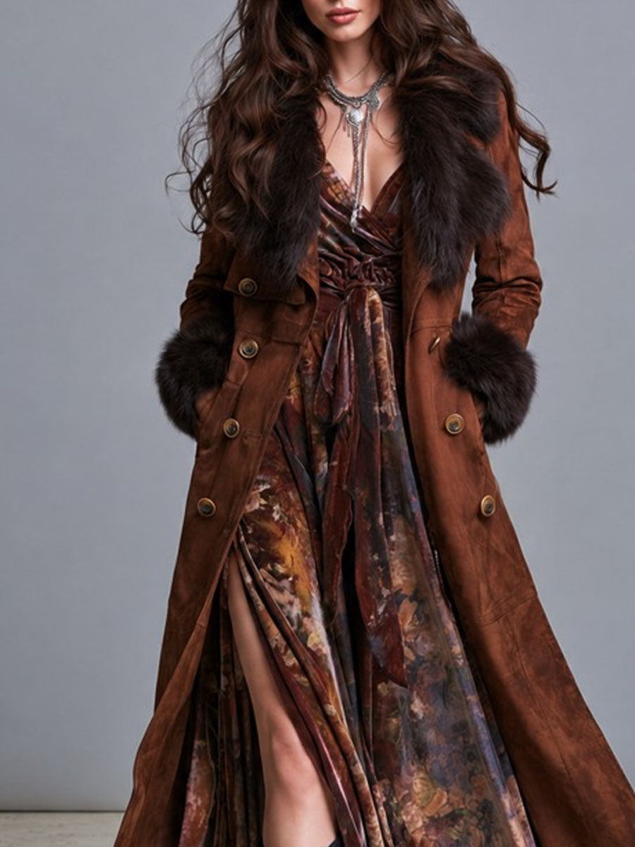 Gabardina Boho Western de Gamuza con Ribete de Piel y Doble Botón