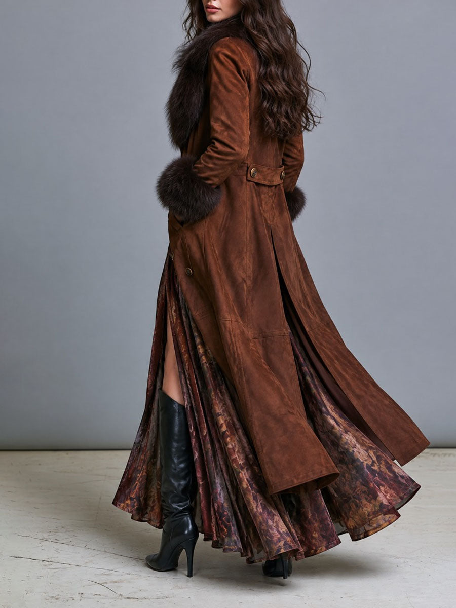 Gabardina Boho Western de Gamuza con Ribete de Piel y Doble Botón