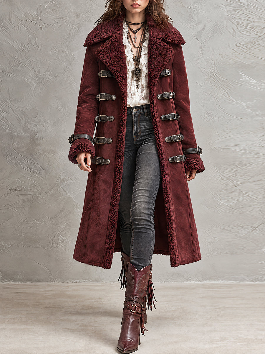 Abrigo Burgundy Nomad de Borrego Sintético con Botón de Palo