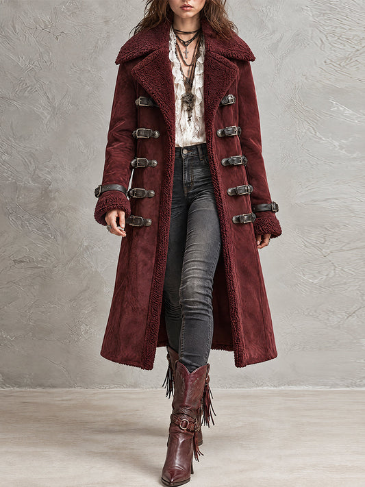 Abrigo Burgundy Nomad de Borrego Sintético con Botón de Palo
