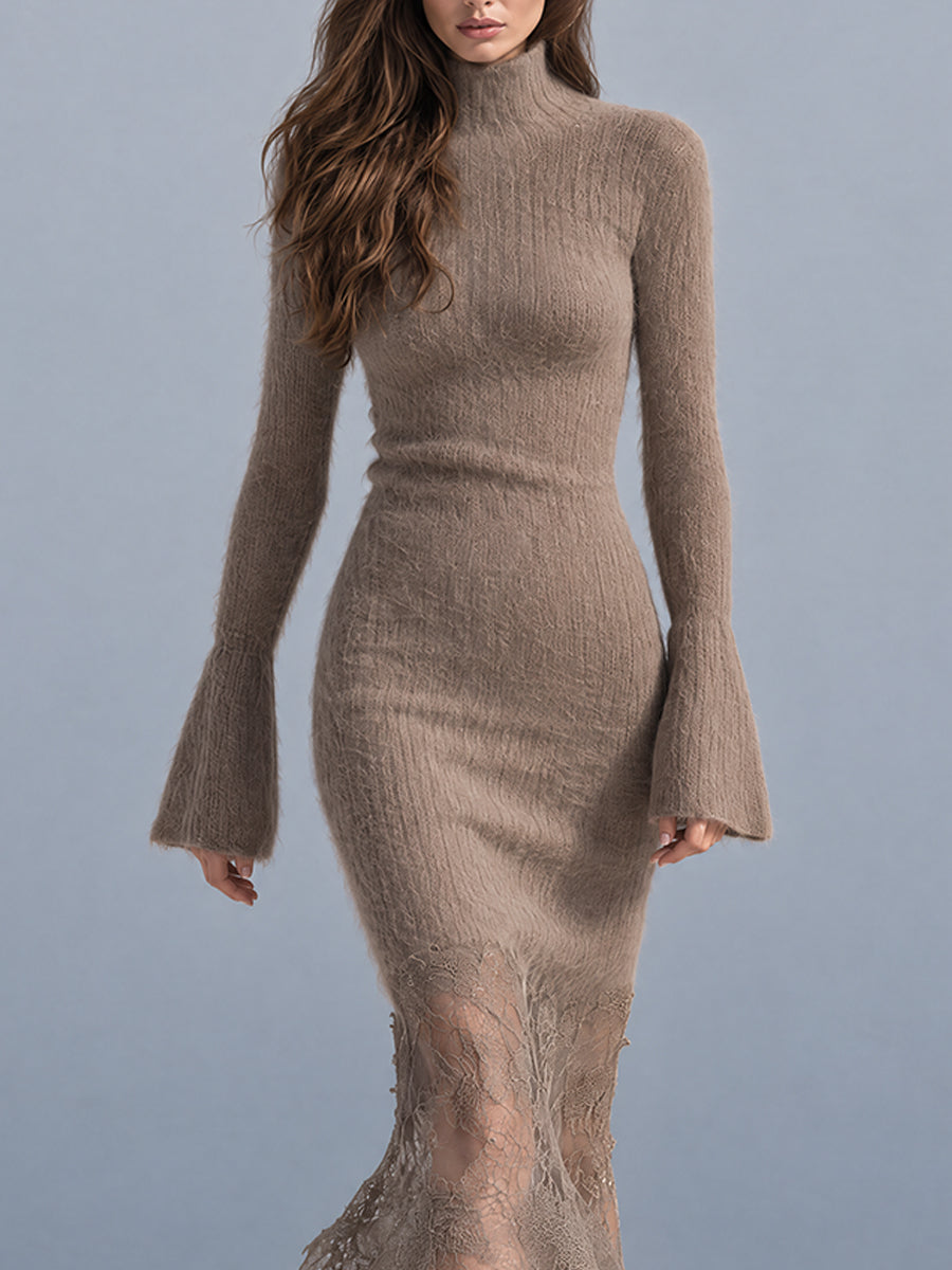 Vestido Midi de Punto Taupe Nomad con Dobladillo de Encaje