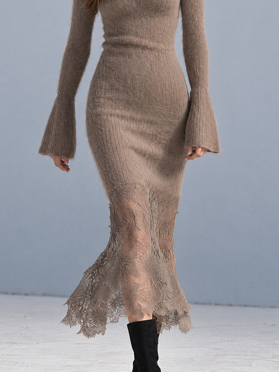 Vestido Midi de Punto Taupe Nomad con Dobladillo de Encaje