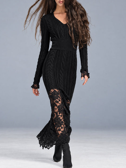 Vestido Maxi Midnight Nomad de Punto Trenzado con Paneles de Encaje