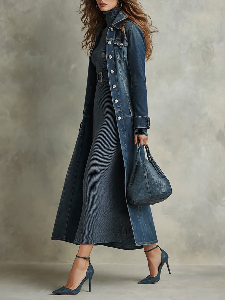 Gabardina Larga Boho de Mezclilla Desgastada con Cuello Estructurado