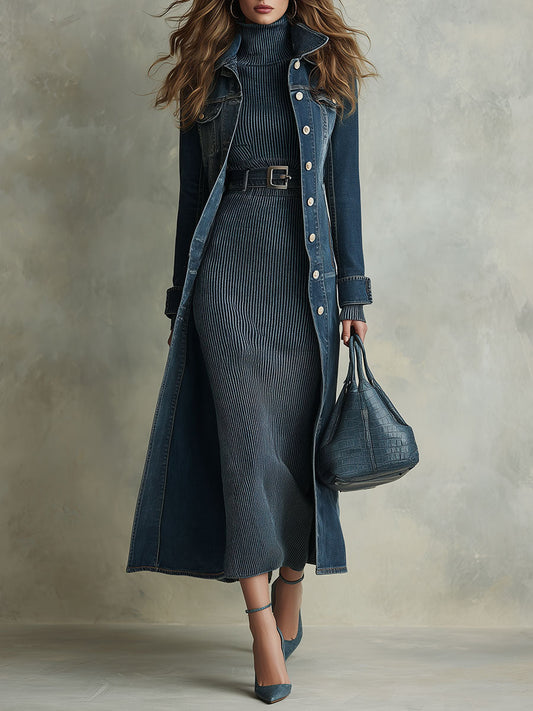 Gabardina Larga Boho de Mezclilla Desgastada con Cuello Estructurado