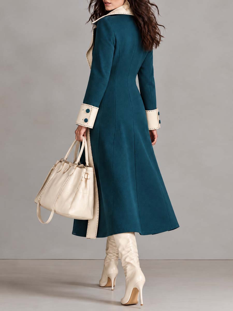 Gabardina Larga Elegante para Mujer con Ribete de Contraste en Gamuza
