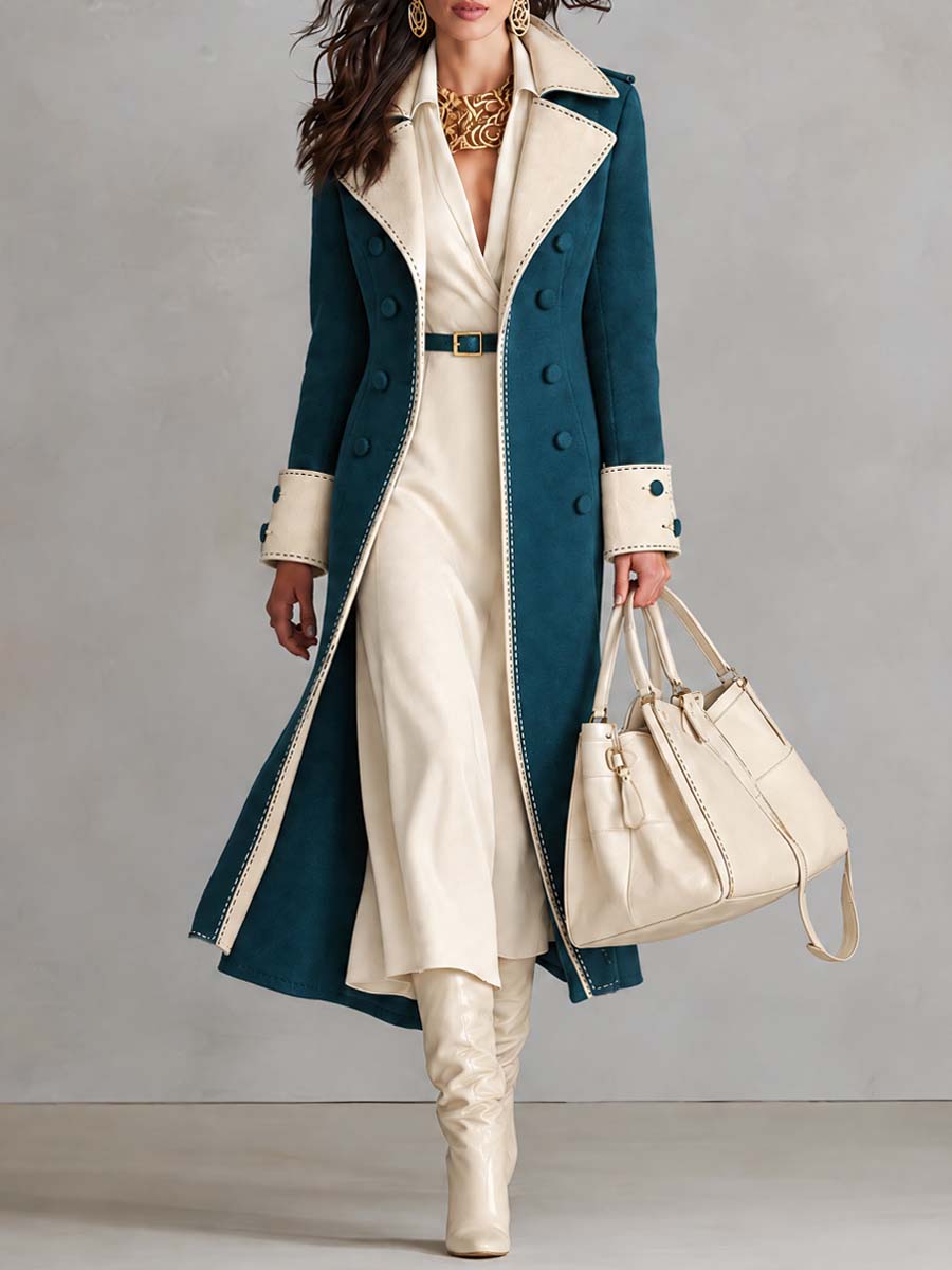 Gabardina Larga Elegante para Mujer con Ribete de Contraste en Gamuza