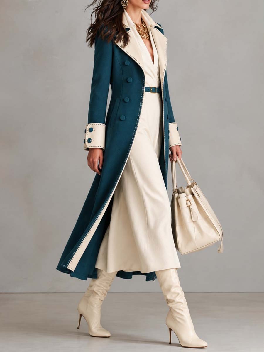 Gabardina Larga Elegante para Mujer con Ribete de Contraste en Gamuza