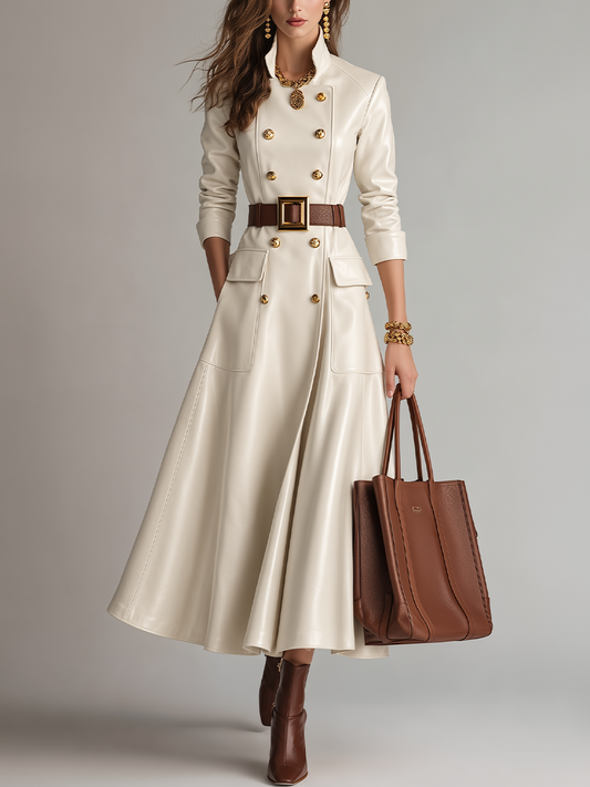 Vestido Abrigo Marfil Refinado con Cinturón y Doble Botonadura