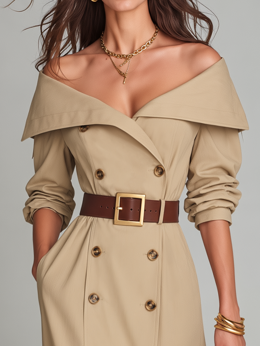 Gabardina Elegante Beige con Hombros Descubiertos y Cinturón