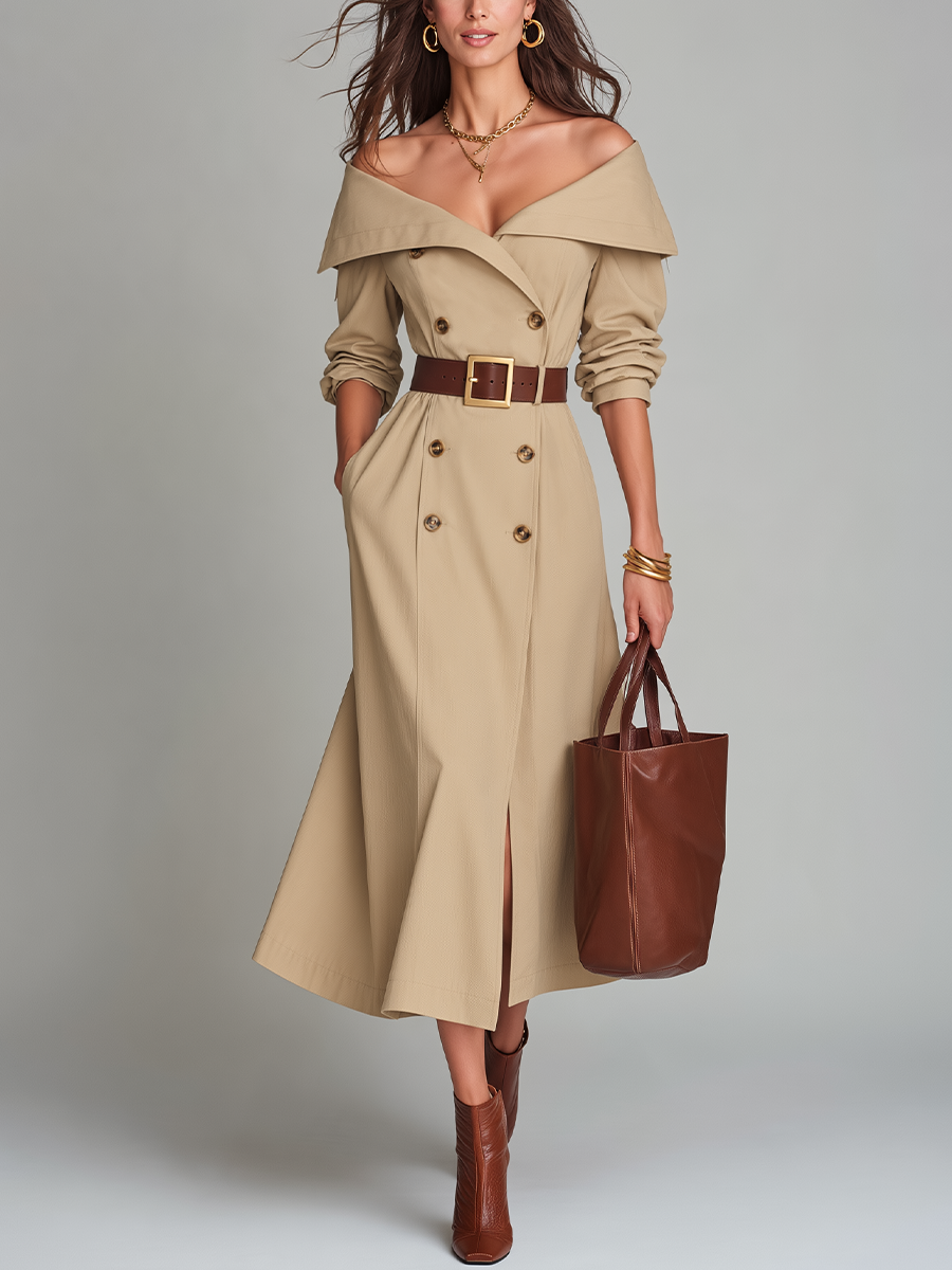 Gabardina Elegante Beige con Hombros Descubiertos y Cinturón