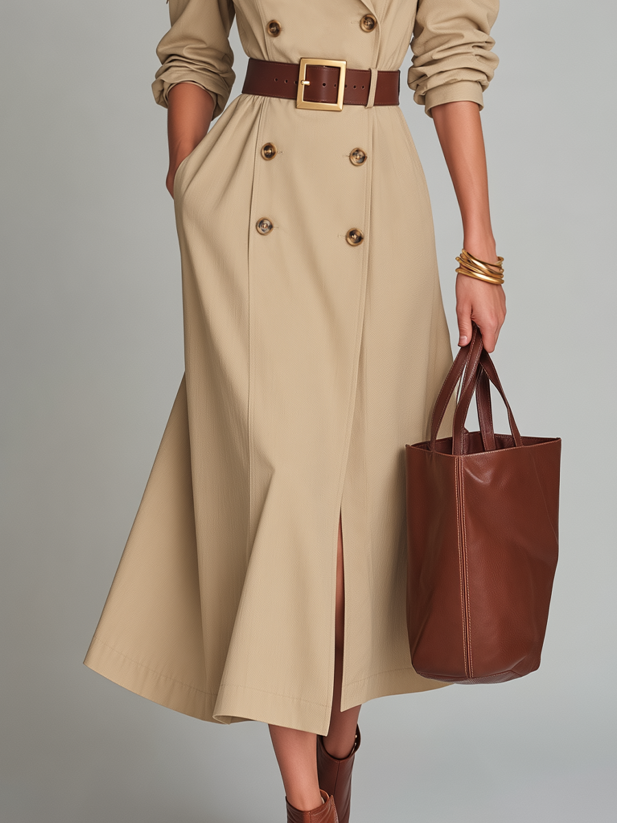 Gabardina Elegante Beige con Hombros Descubiertos y Cinturón
