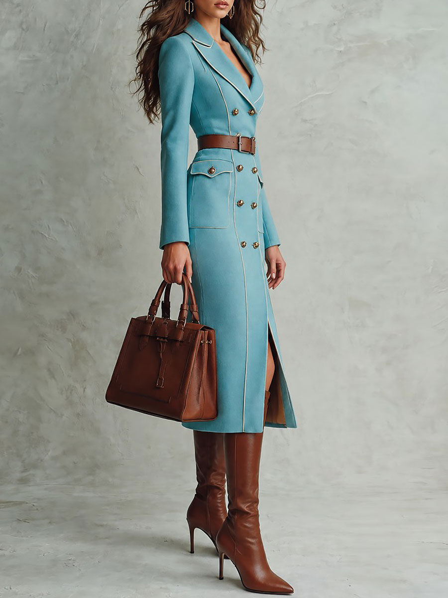Abrigo Midi de Lana Militar Elegante con Doble Botonadura