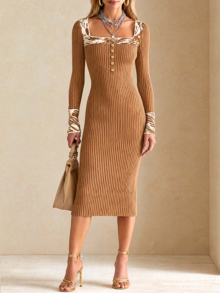 Vestido Midi Acanalado Camel Nomad con Ribete de Cebra