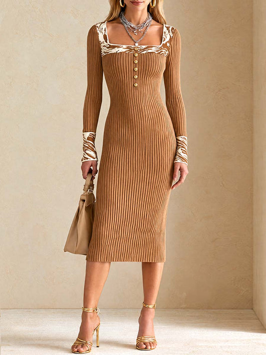 Vestido Midi Acanalado Camel Nomad con Ribete de Cebra