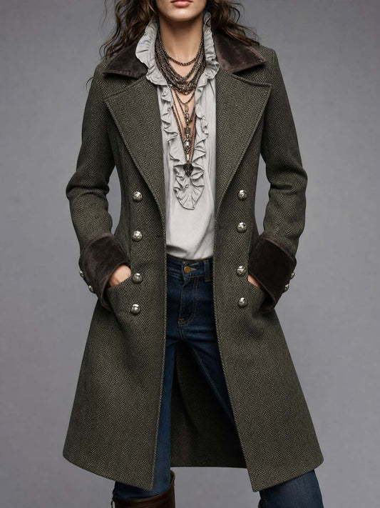 Abrigo Militar de Lana Espiga para Mujer con Cuello y Puños de Terciopelo