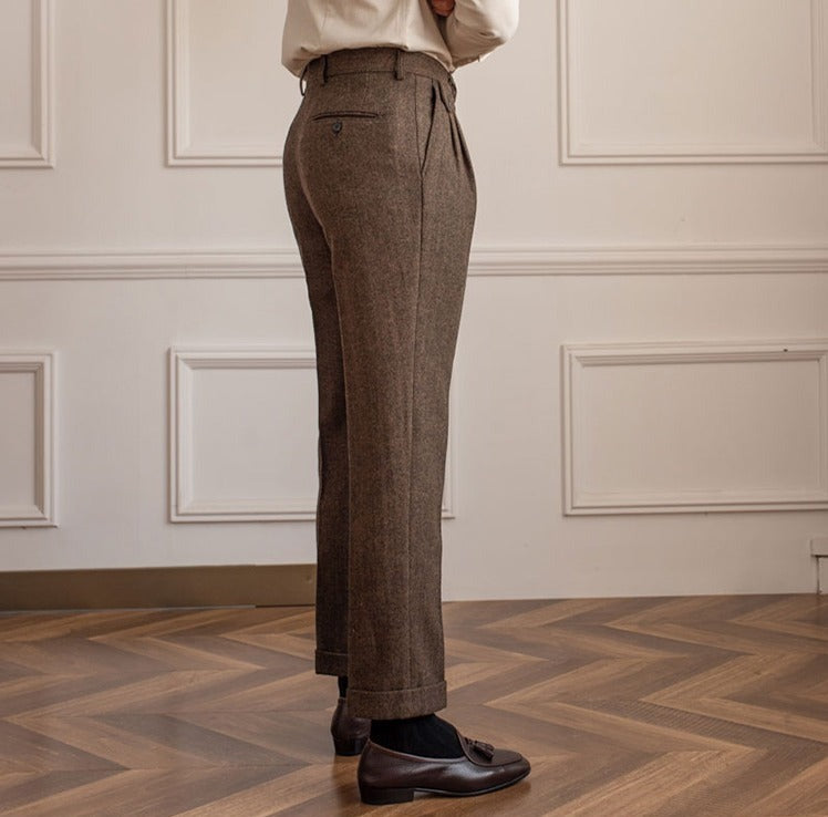 Pantalón de Vestir "Winchester" de Mezcla de Lana con Estampado Espiga