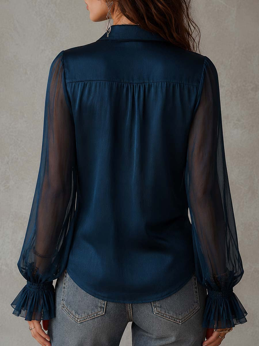 Camisa Vintage Transparente de Manga Larga de Mezcla de Tencel con Cuello de Olanes