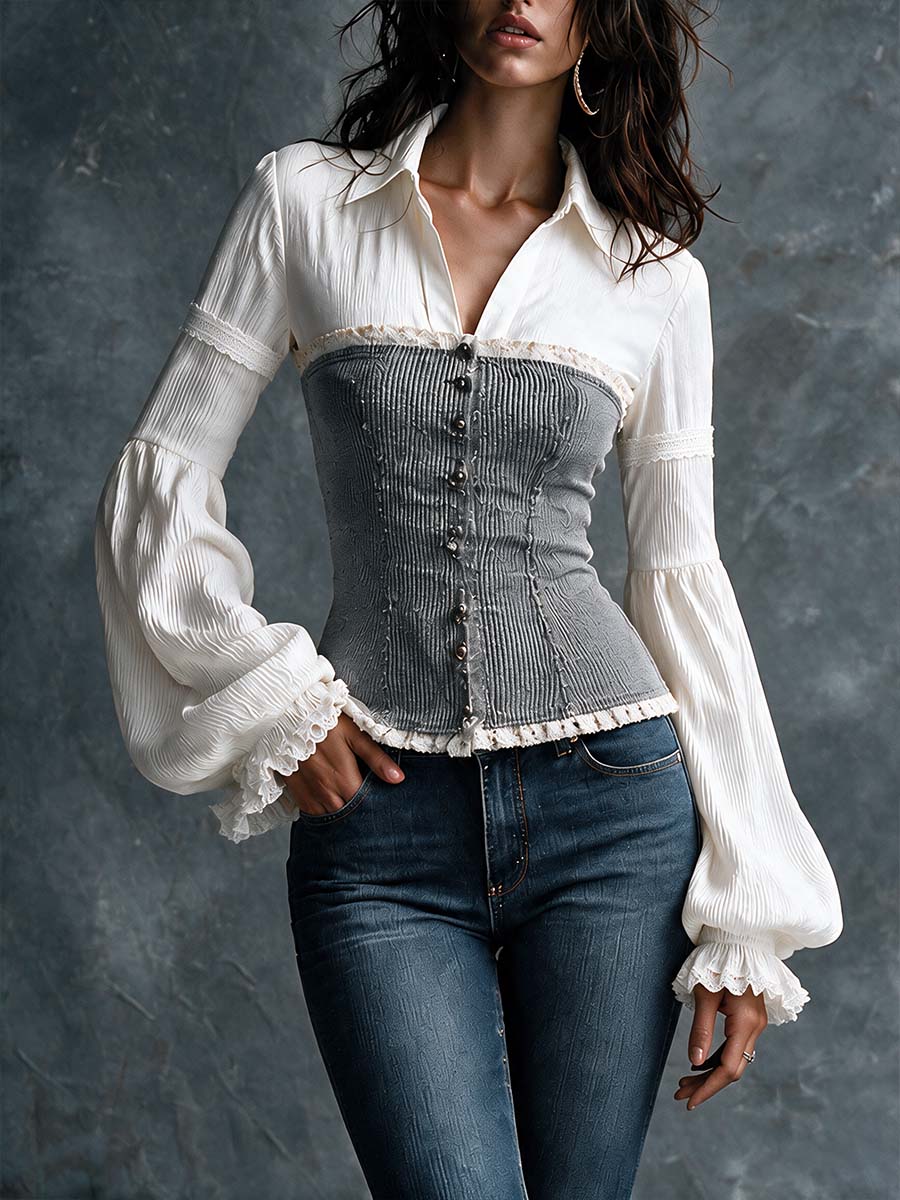 Blusa Falsa de Dos Piezas: Camisa y Top Corsé Acanalado