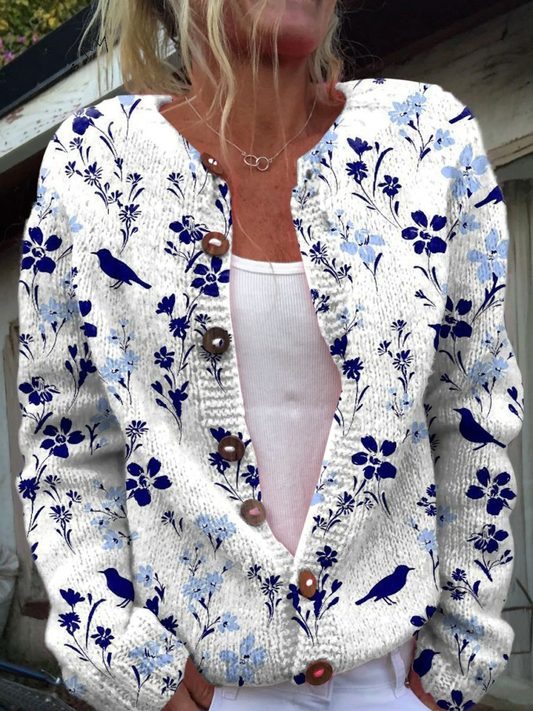 Océane | Cárdigan Abotonado Estampado de Flores y Pájaros Vintage