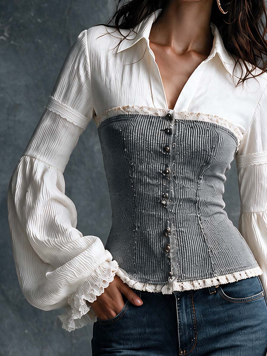 Blusa Falsa de Dos Piezas: Camisa y Top Corsé Acanalado