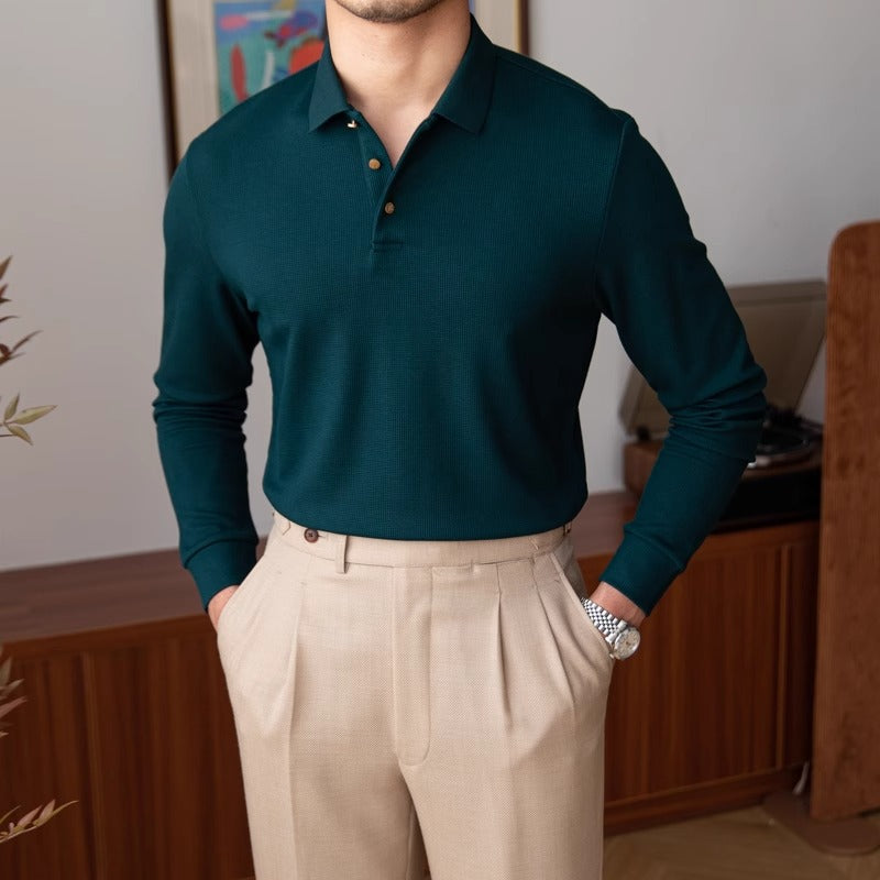 Playera Polo de Manga Larga Tejida, Mezcla de Algodón Texturizada