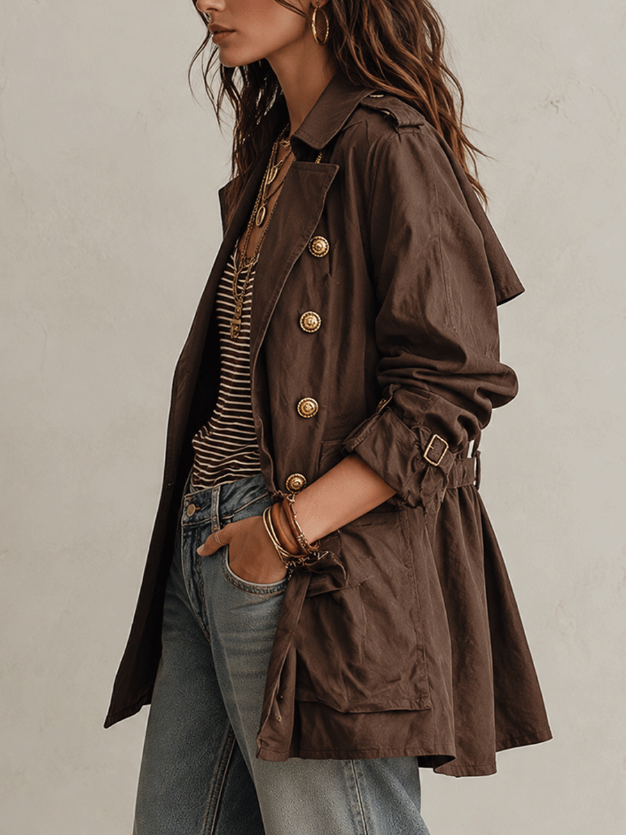 Gabardina Cruzada Utility Chic de Sarga de Algodón con Cinturón Color Café Chocolate
