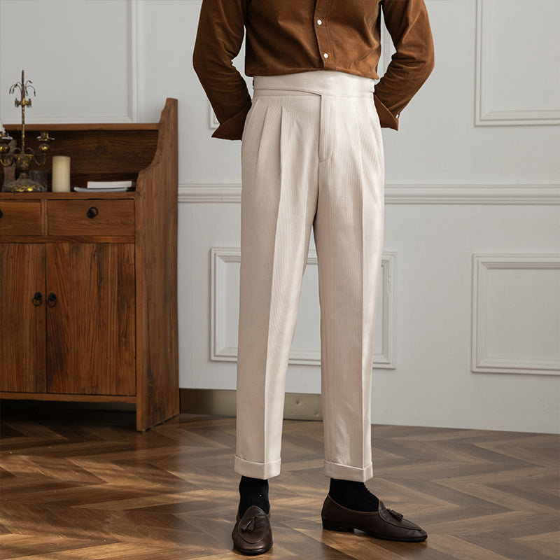 Pantalón "Moneglia" Acanalado con Pliegue, Corte Recto
