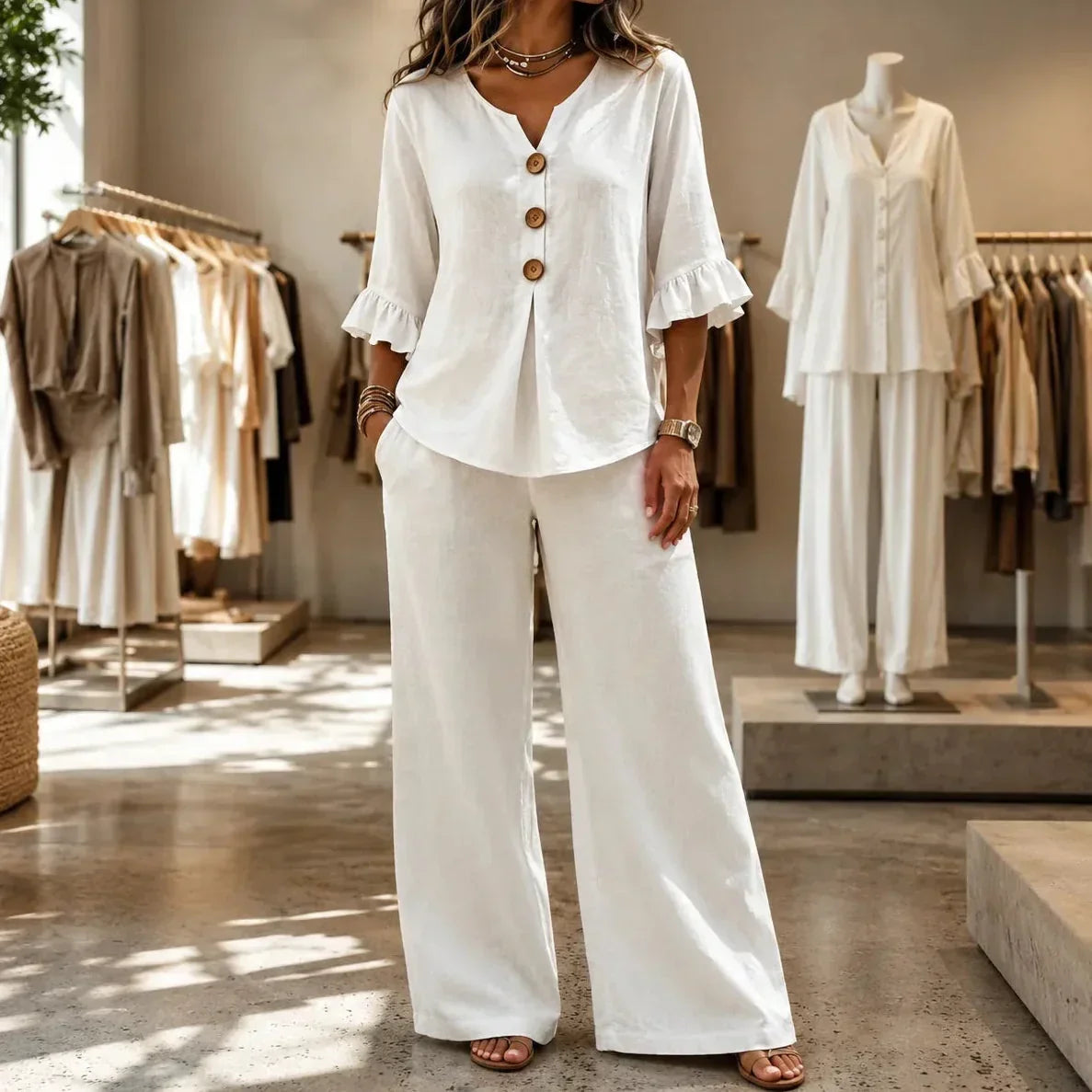Louna | Conjunto Efecto Lino con Mangas de Olán y Pantalón Amplio