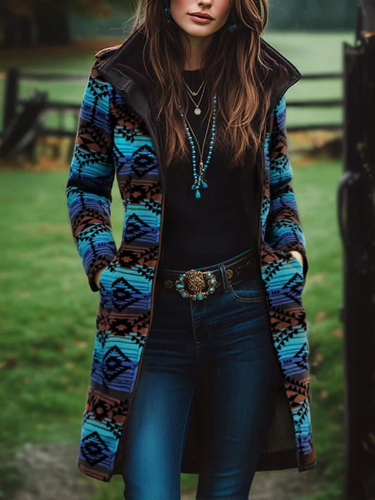 Abrigo Largo Boho Retro de Lana con Estampado Tribal