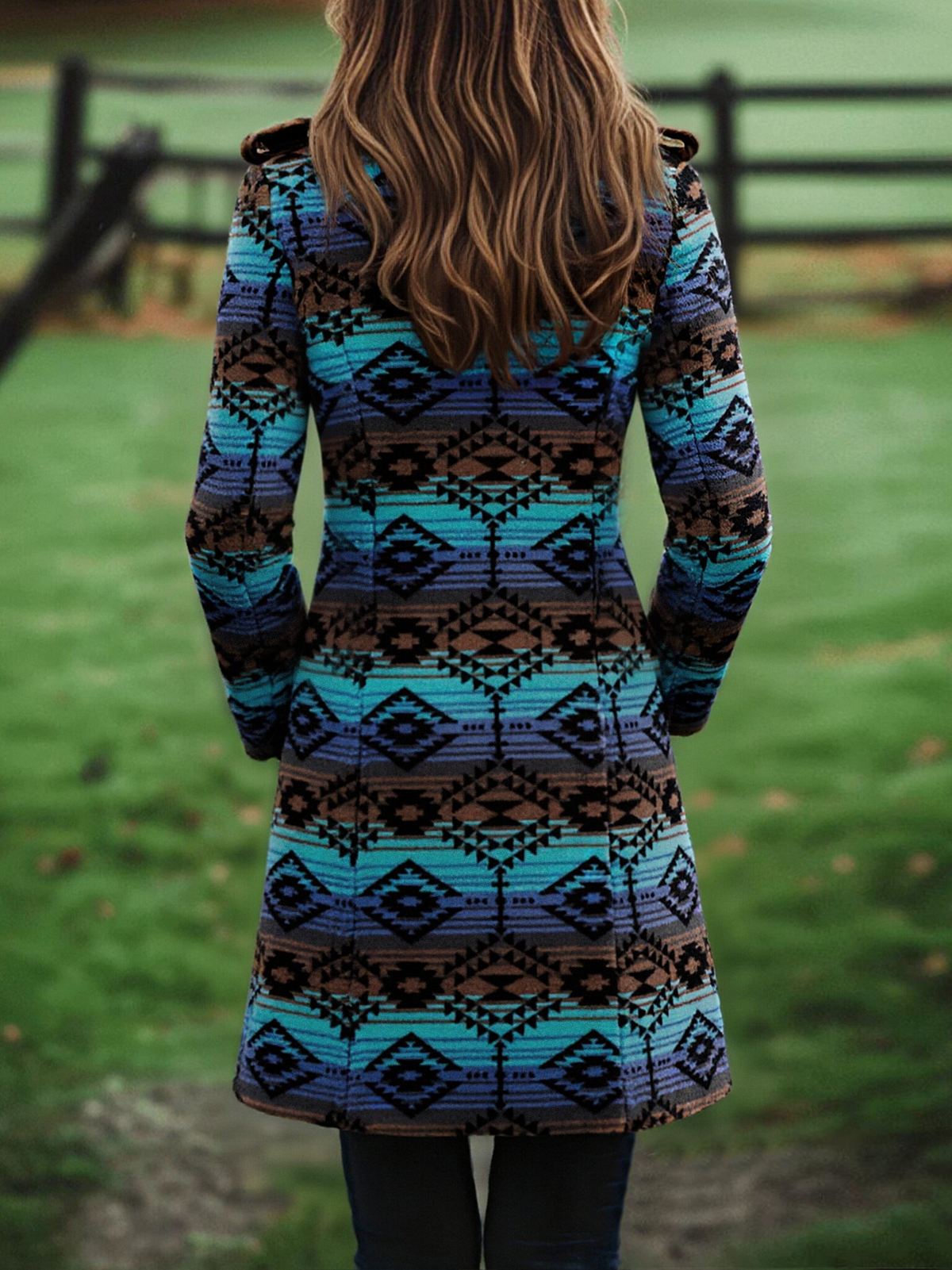 Abrigo Largo Boho Retro de Lana con Estampado Tribal