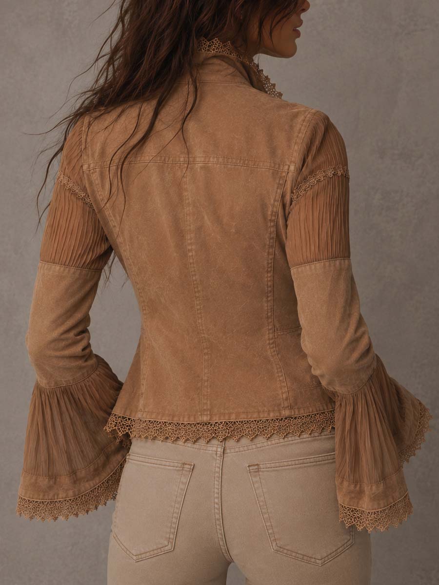 Chamarra Boho Vintage de Manga Larga Acampanada Transparente con Patchwork, Bolsas y Ribete de Encaje